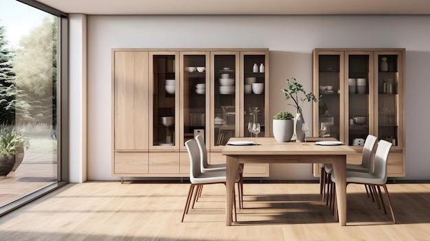 Interior design of the modern dining room with cupboard