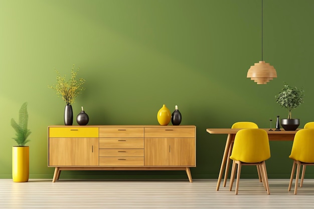 Interior design of modern dining room wooden table and yellow chairs against green wall with sidebo
