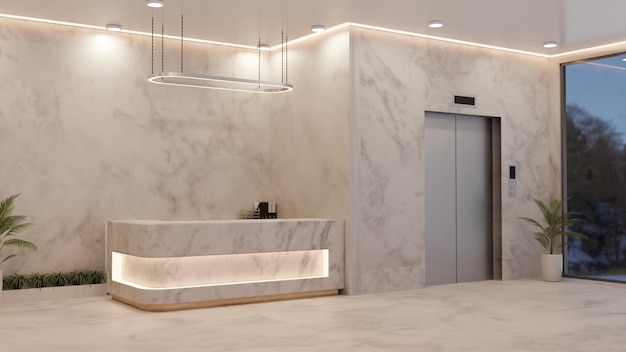 Interior design of a modern elegance office building hall with reception desk pendant elevator