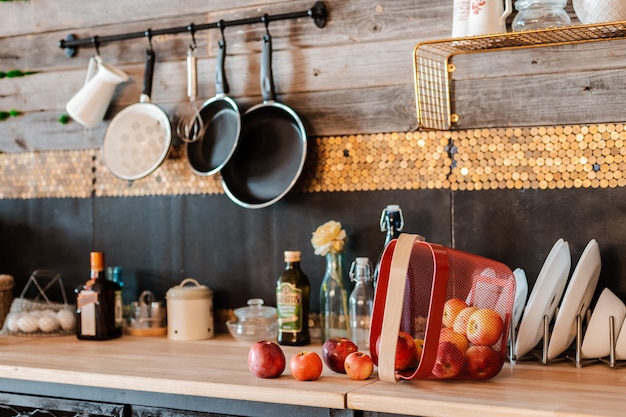 Interior and design of modern home kitchen in rustic style.