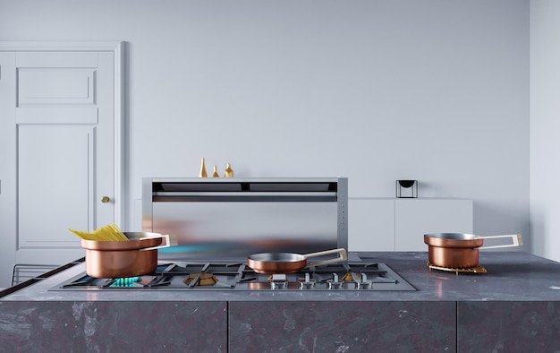 인테리어 디자인: 요리를 위한 중앙 섬이 있는 현대적인 주방, 떠다니는 캐비과 색 선반