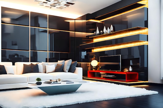 Interior design dell'arte generativa del soggiorno moderno di ai