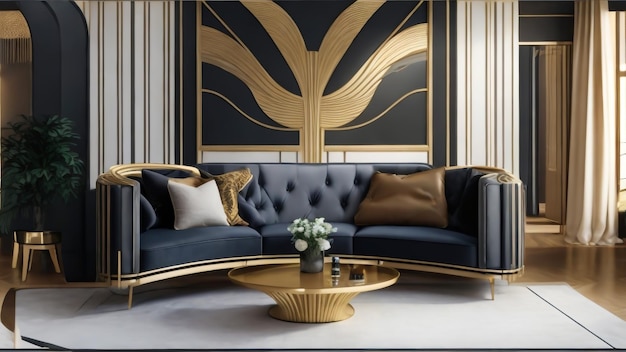 The interior design of a modern living room with art deco style