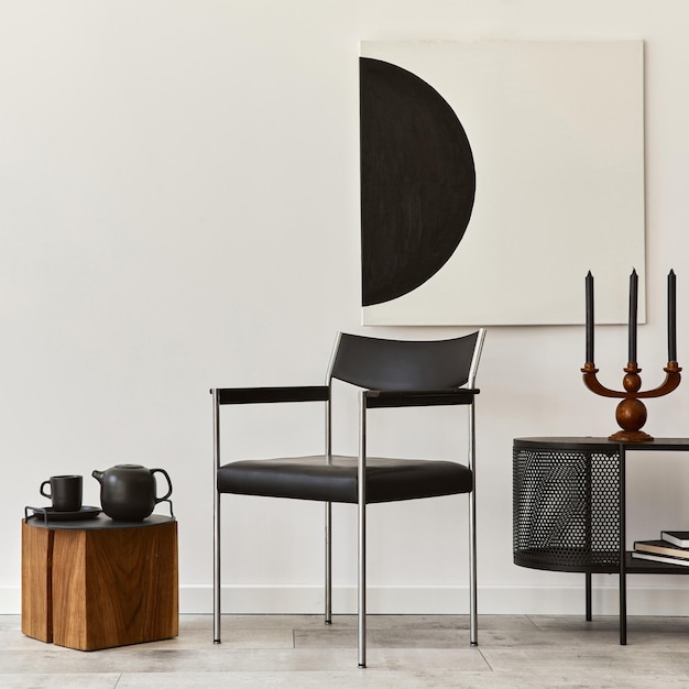 검은색 세련된 화장실, 의자, 모의 예술 그림, 램프, 책, 촛대, 장식 및 가정 장식의 우아한 액세서리가 있는 현대적인 거실의 인테리어 디자인. 주형.