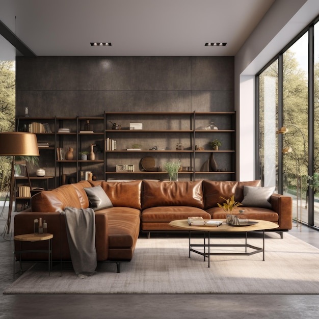 Interior design of modern living room with brown sofa home 3d rendering