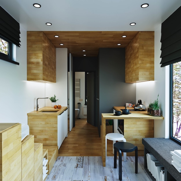 인테리어 디자인. 복도와 주방 식당이있는 현대적인 거실