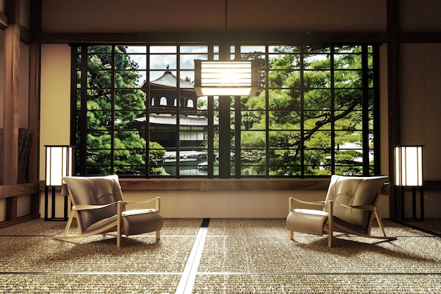 interior design, modern living room with katana, lamp, tatami floor, Japanese style