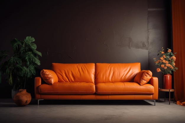 Interior design of modern living room with orange leather sofa and home plants AI generated illustration