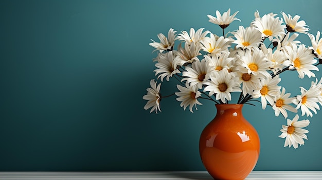 Interior design of a modern living room with space for text featuring a daisy flowers bouquet