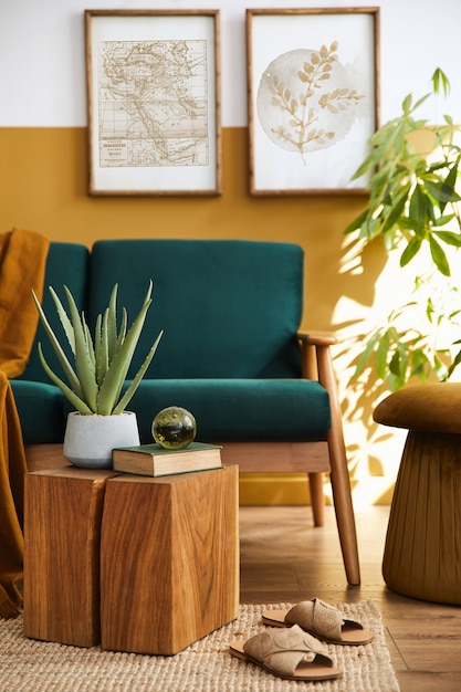 2 개의 포스터 프레임, 우아한 소파, 식물, 베개 및 세련된 홈 스테이징의 개인 액세서리가있는 현대 거실의 인테리어 디자인