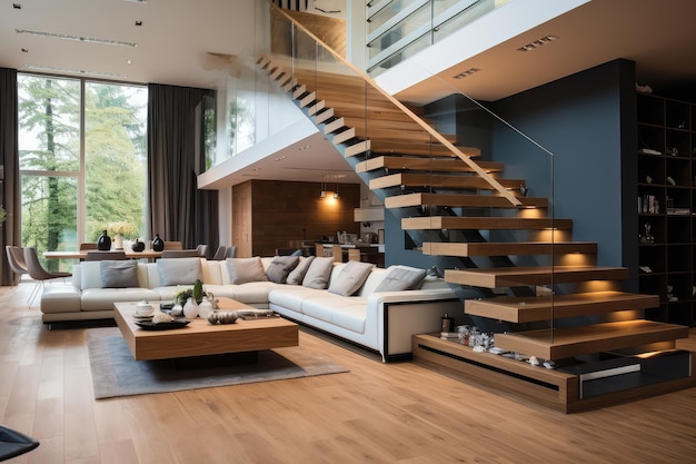 Interior design of modern living room with wooden staircase