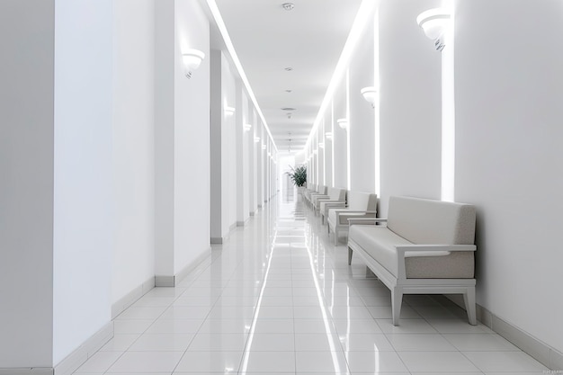 Interior design of a modern luxurious white building corridor or hallway with waiting seat