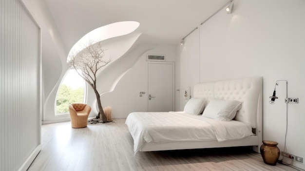 The interior design of modern minimal bright white bedroom with wood floor and arch wall pattern generative ai aig27