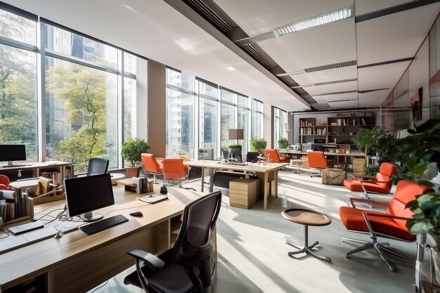 Интерьерный дизайн современного офиса с красными стульями и белыми столами создан генеративным ай