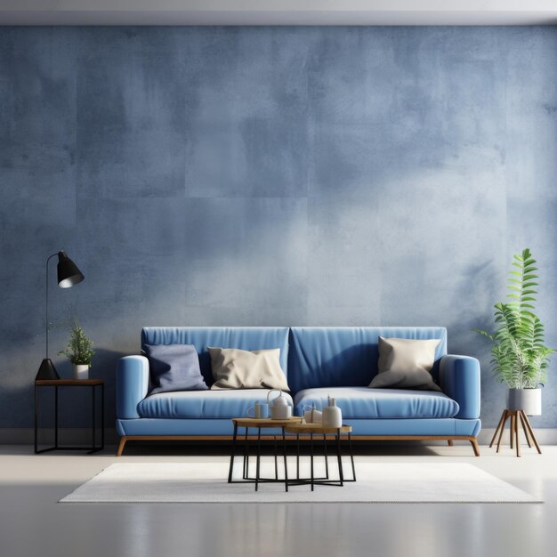 Interior design of modern room blue sofa in living room concrete stucco mock up wall home design