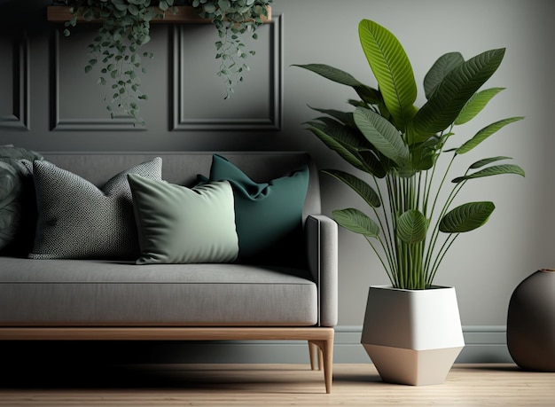 소파 베개와 식물을 갖춘 현대적인 객실의 인테리어 디자인