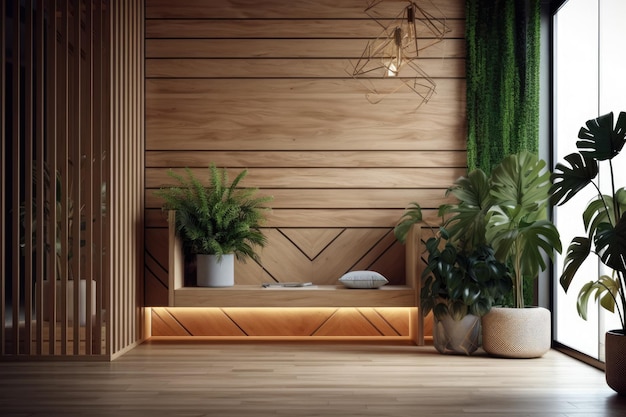 Interior design of a modern room with a wooden wall and plants