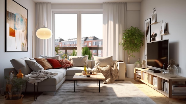 Interior design of modern Scandinavian apartment living room 3d rendering Generative AI