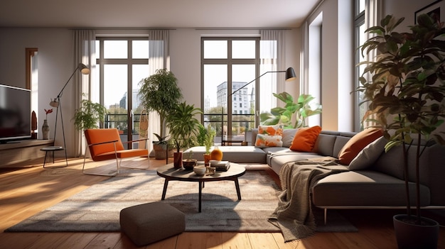 Interior design of modern Scandinavian apartment living room 3d rendering Generative AI