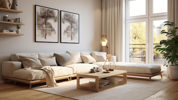 Interior design of modern Scandinavian apartment living room