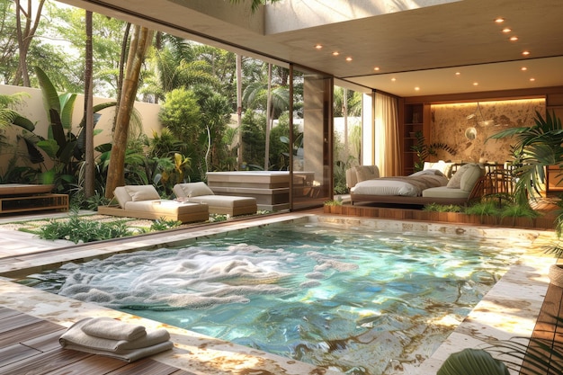 현대적인 반 실내 수영장 인스피레이션 아이디어의 인테리어 디자인 전문 사진