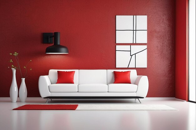 赤い壁の背景にある近代的な白いソファのインテリアデザイン