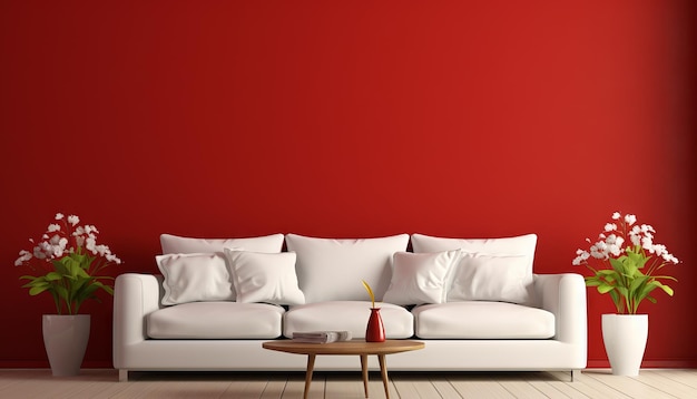 Interior design of modern white couch on red wall background