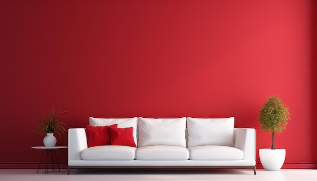 Дизайн интерьера современного белого дивана на фоне красной стены