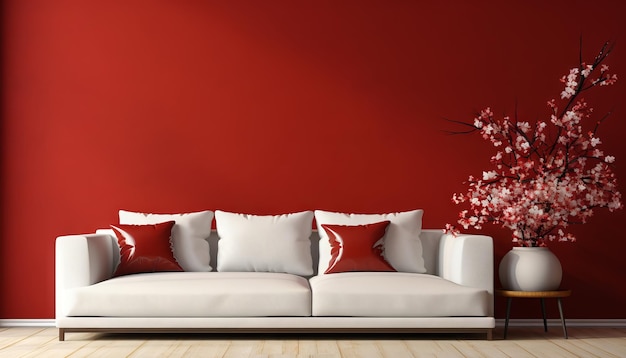 Interior design of modern white couch on red wall background