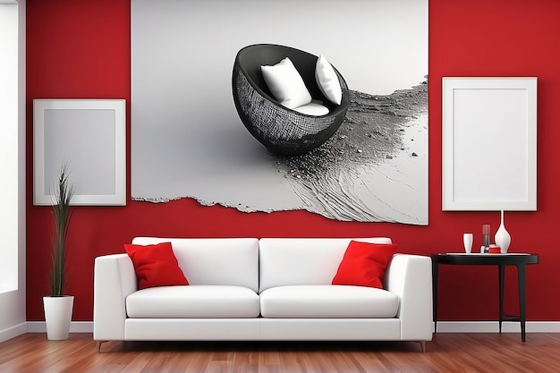 Interior design of modern white couch on red wall background