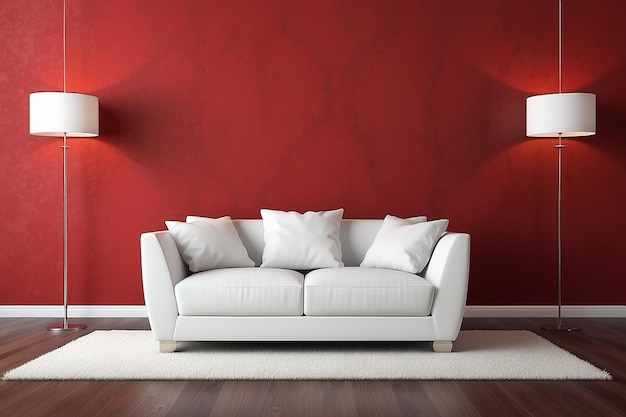 Интерьерный дизайн современного белого дивана на красном фоне стены