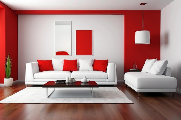 Interior design of modern white couch on red wall background