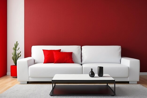 Interior design of modern white couch on red wall background