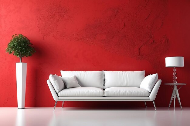 Interior design of modern white couch on red wall background