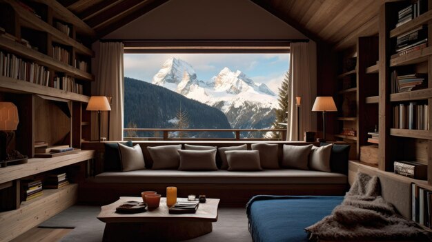 Photo the interior design of modern wooden living room with bookshelf and alps mountain view generative ai aig27