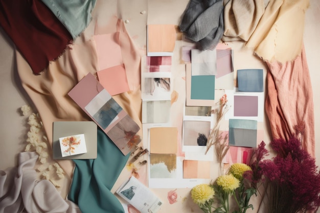 Photo interior design mood board with fabric and paint swatches generative ai
