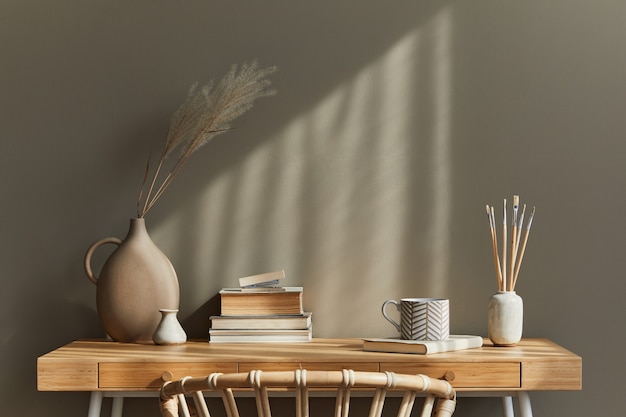 Interior design of neutral bohemian living room interior with stylish desk, armchair, dried flowers in vase, book, decoration, office supplies, copy space, notes and personal accessories..