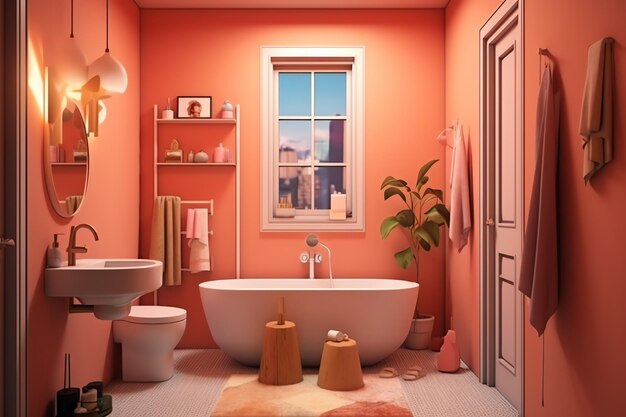 Дизайн интерьера красивой современной ванной комнаты 3D-рендеринг современного туалета или ванной комнат в отеле или доме
