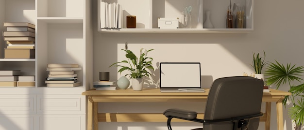 Фото Дизайн интерьера минималистской белой домашней рабочей комнаты с макетом ноутбука на деревянном столе