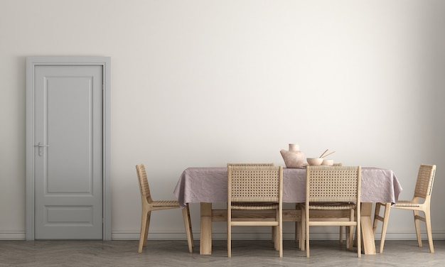 세련된 모듈러 베이지 색 의자, 나무 바닥, 식물, 중립 방 칸막이 현대 가정 장식, 3d 렌더링이있는 식당의 인테리어 디자인