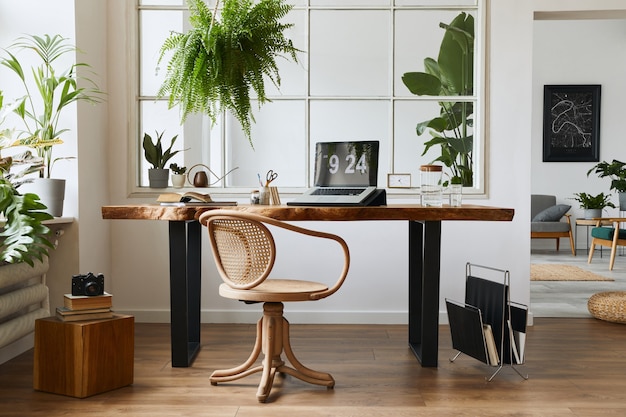 세련된 나무 책상, 아름다운 의자, 노트북, 플래튼, 책, 우아한 개인 액세서리가 있는 홈 오피스 공간의 인테리어 디자인은 아늑한 가정 장식으로 꾸며져 있습니다.