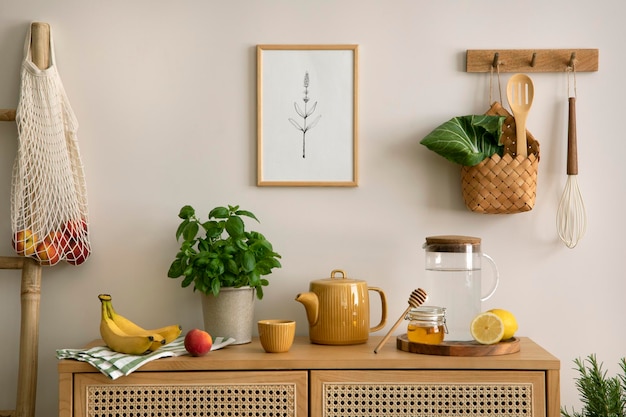 モダンな家の装飾の籐便器椅子ハーブ野菜食品とキッチン アクセサリーを備えたキッチン スペースのインテリア デザイン モックアップ ポスター テンプレート