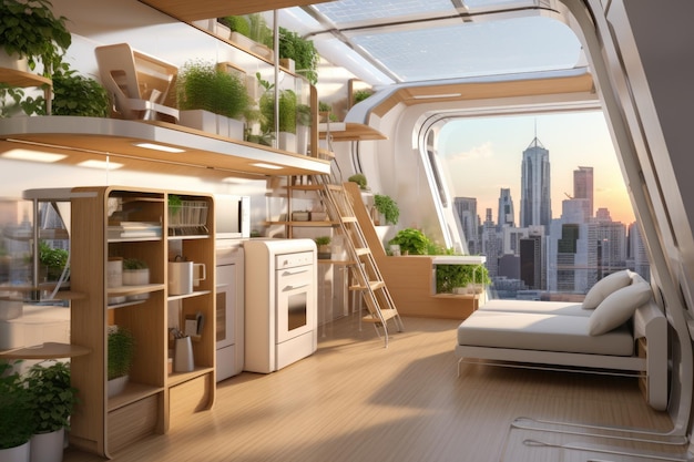 사진 모 ⁇ 형 마이크로 아파트의 인테리어 디자인 현대 미래형 가구 마이크로 주방 바이오필릭 녹색 발코니