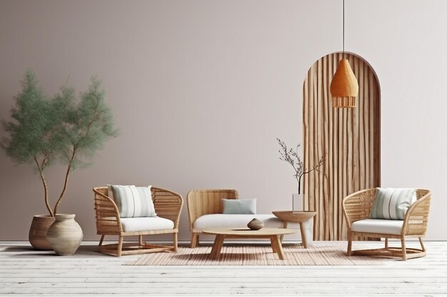 interior design og Boho cozy living room design bright wall mockup generative ai