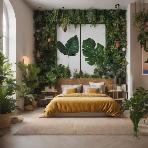 식물과 벽지로 장식된 방의 인테리어 디자인