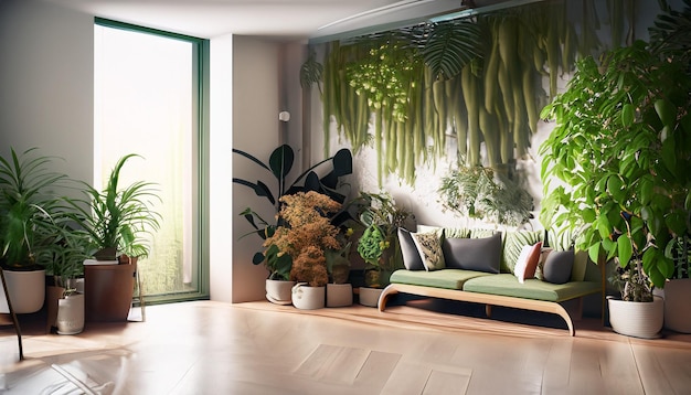 интерьерный дизайн комнаты с большим количеством растений