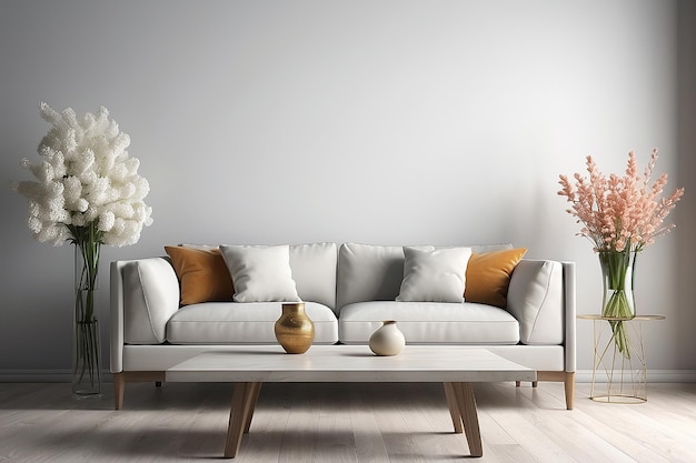 Сцена дизайна интерьера с хорошим диваном и вазой на интересном фоне