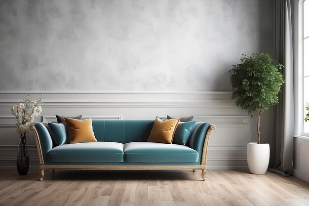 Interior design scene with a nice sofa and a vase on the interesting background