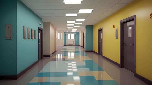Interior design of school classroom corridor and cafeteria generative ai