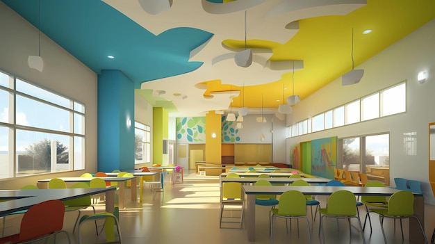 Interior design of school classroom corridor and cafeteria generative ai